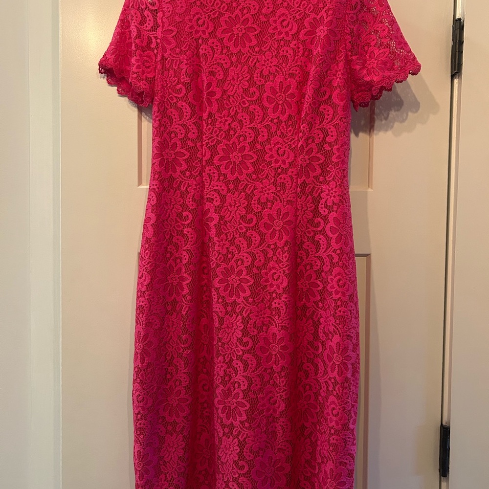 London Times Fuchsia Floral Lace Midi Dress